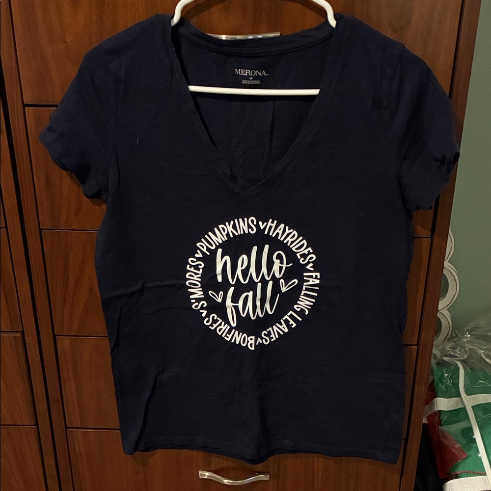 Merona Dark Blue Short Sleeve Tee - Hello Fall Graphic